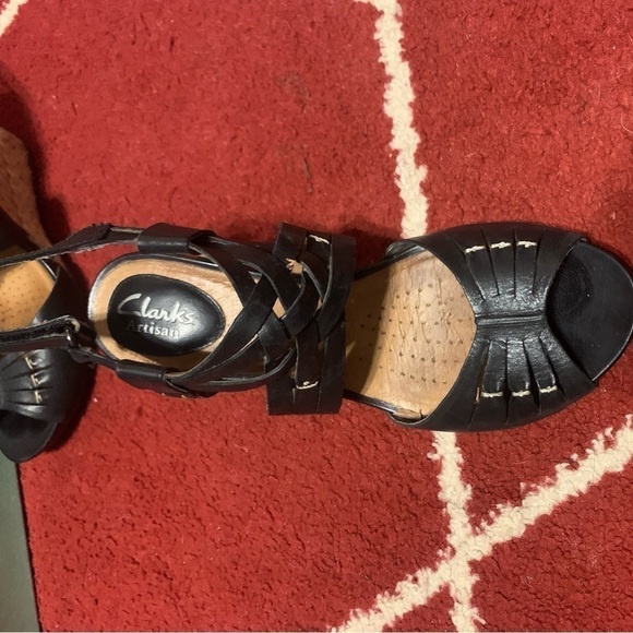 Clarks Artisan black wedge sandals size 6.5 EUC 3 inch heels - Picture 3 of 13